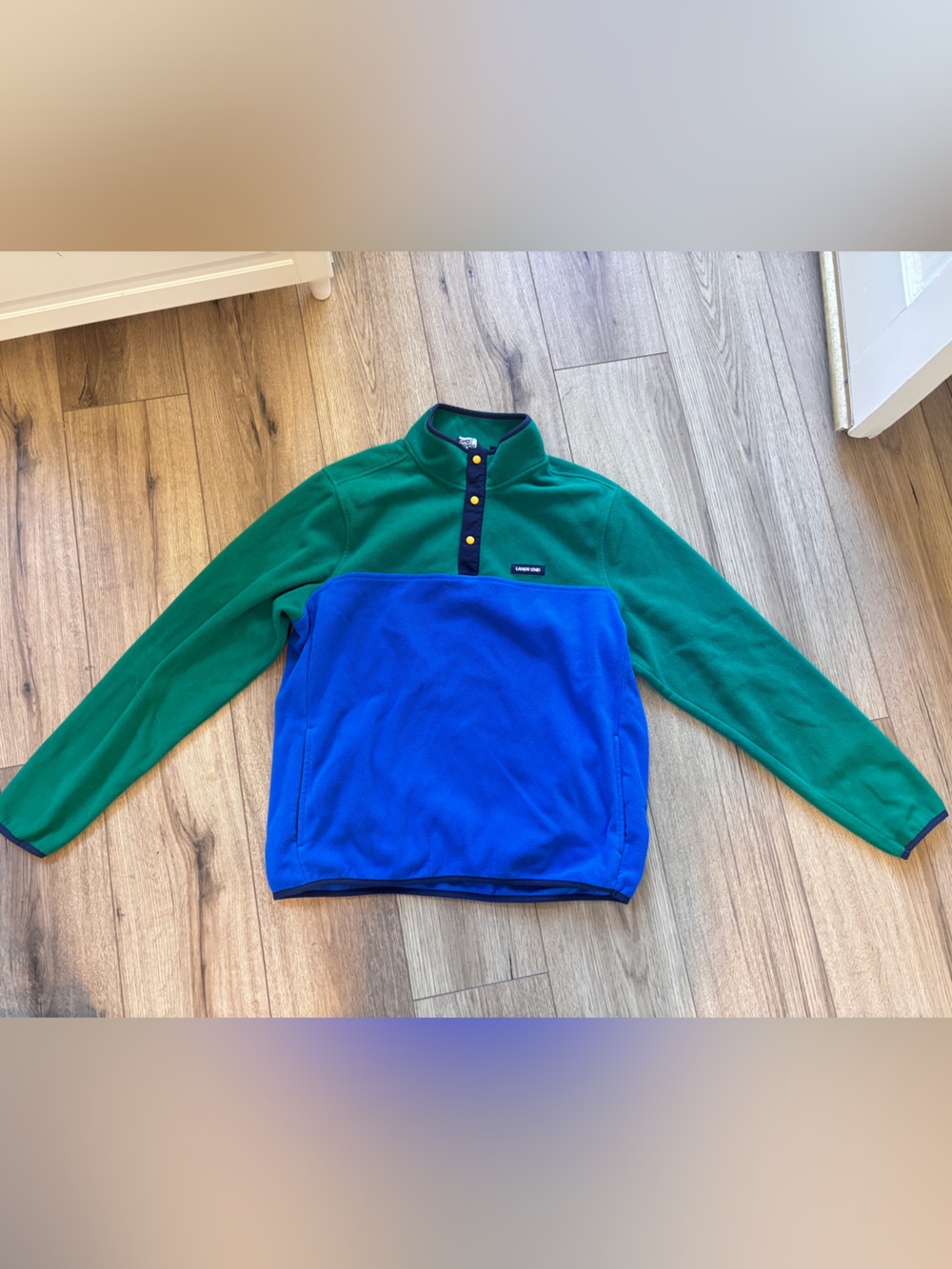 Men's Lands' End Fleece Pullover Green & Blue Snap Neck Colorblock Jacket